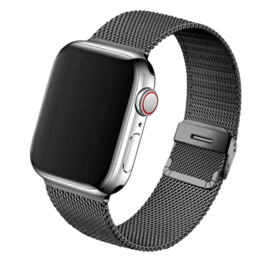 Cinturino Apple Watch in acciaio nero in maglia milanese con chiusura a fibbia