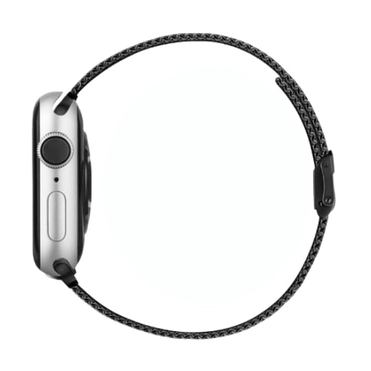 Cinturino Apple Watch in acciaio nero in maglia milanese con chiusura a fibbia laterale