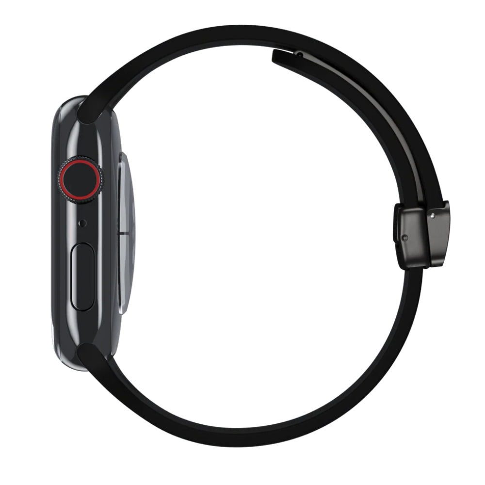 Cinturino Apple Watch in silicone nero con chiusura magnetica vista laterale