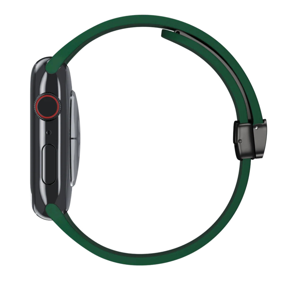 Cinturino Apple Watch in silicone verde foresta con chiusura magnetica vista laterale