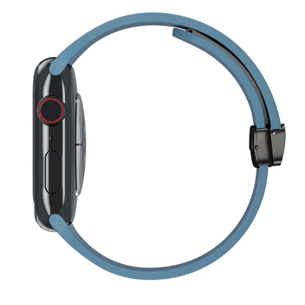 Cinturino Apple Watch in silicone blu chiaro con chiusura magnetica vista laterale
