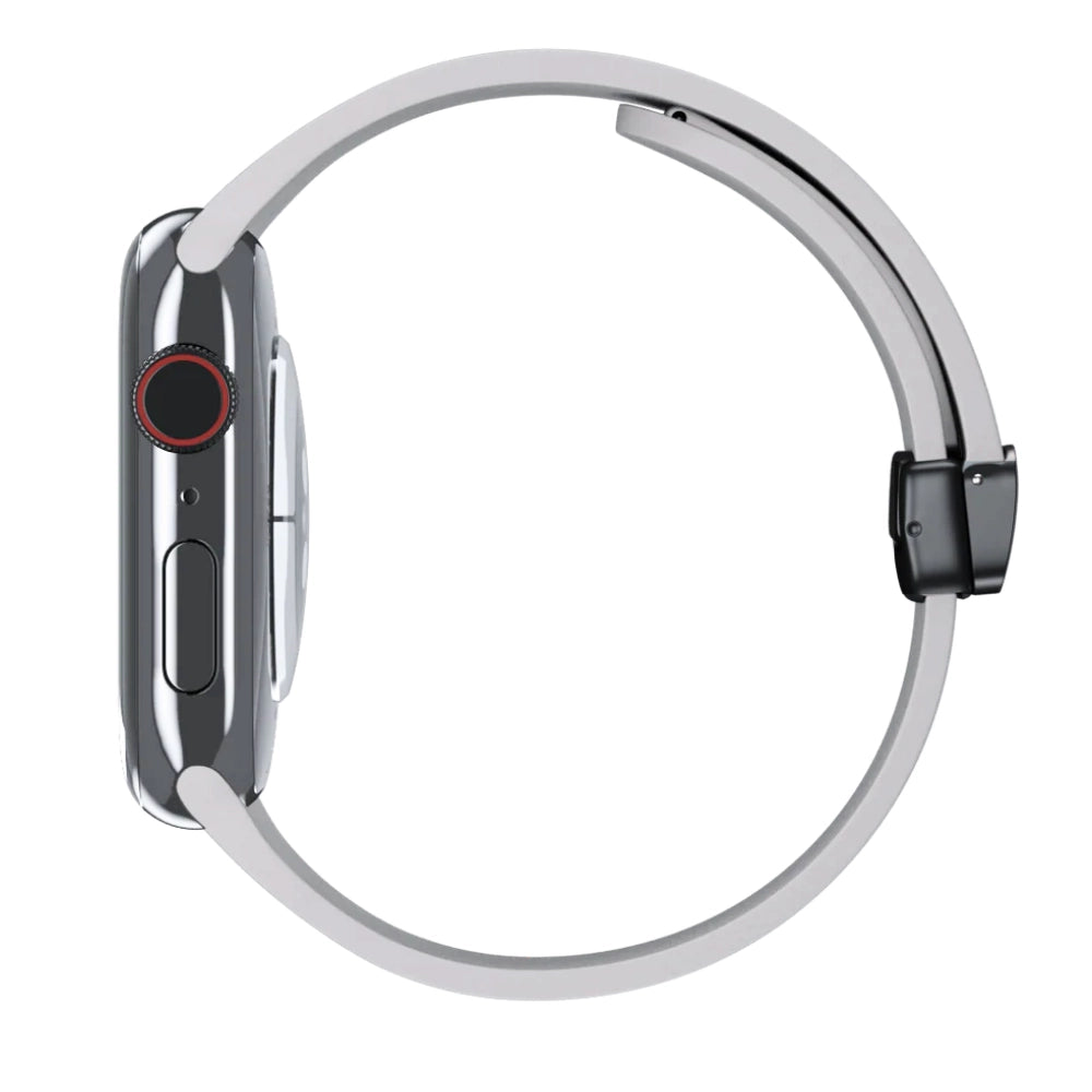 Cinturino Apple Watch in silicone grigio chiaro con chiusura magnetica vista laterale
