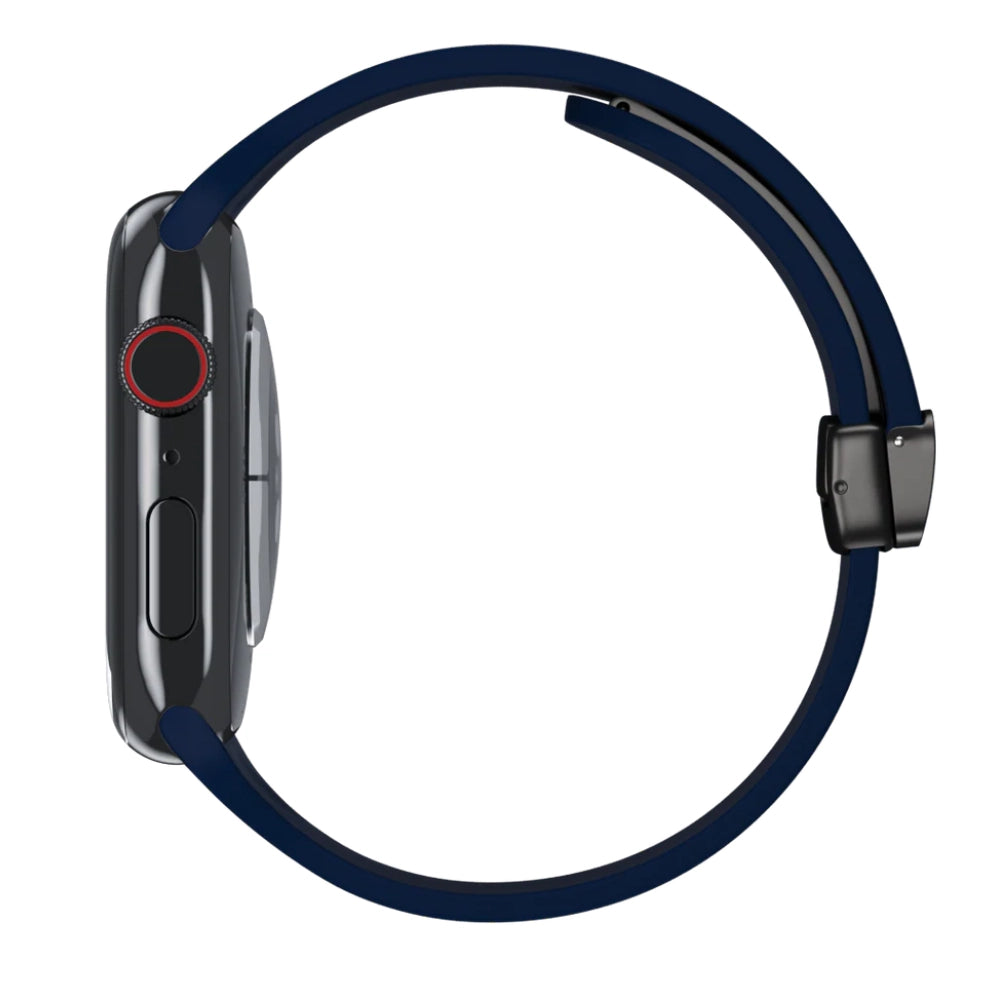 Cinturino Apple Watch in silicone blu notte con chiusura magnetica vista laterale