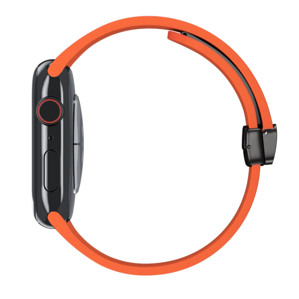 Cinturino Apple Watch in silicone arancione con chiusura magnetica vista laterale