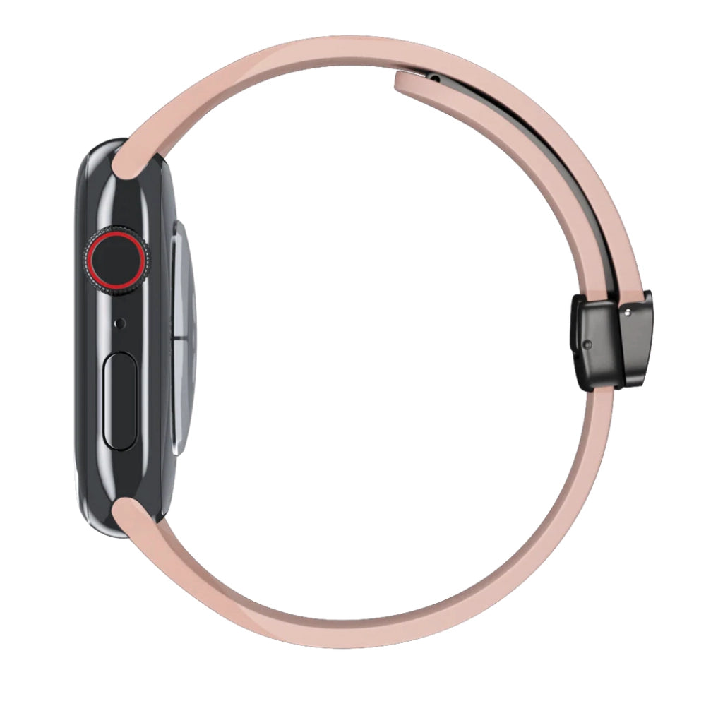 Cinturino Apple Watch in silicone sabbia rosa con chiusura magnetica vista laterale