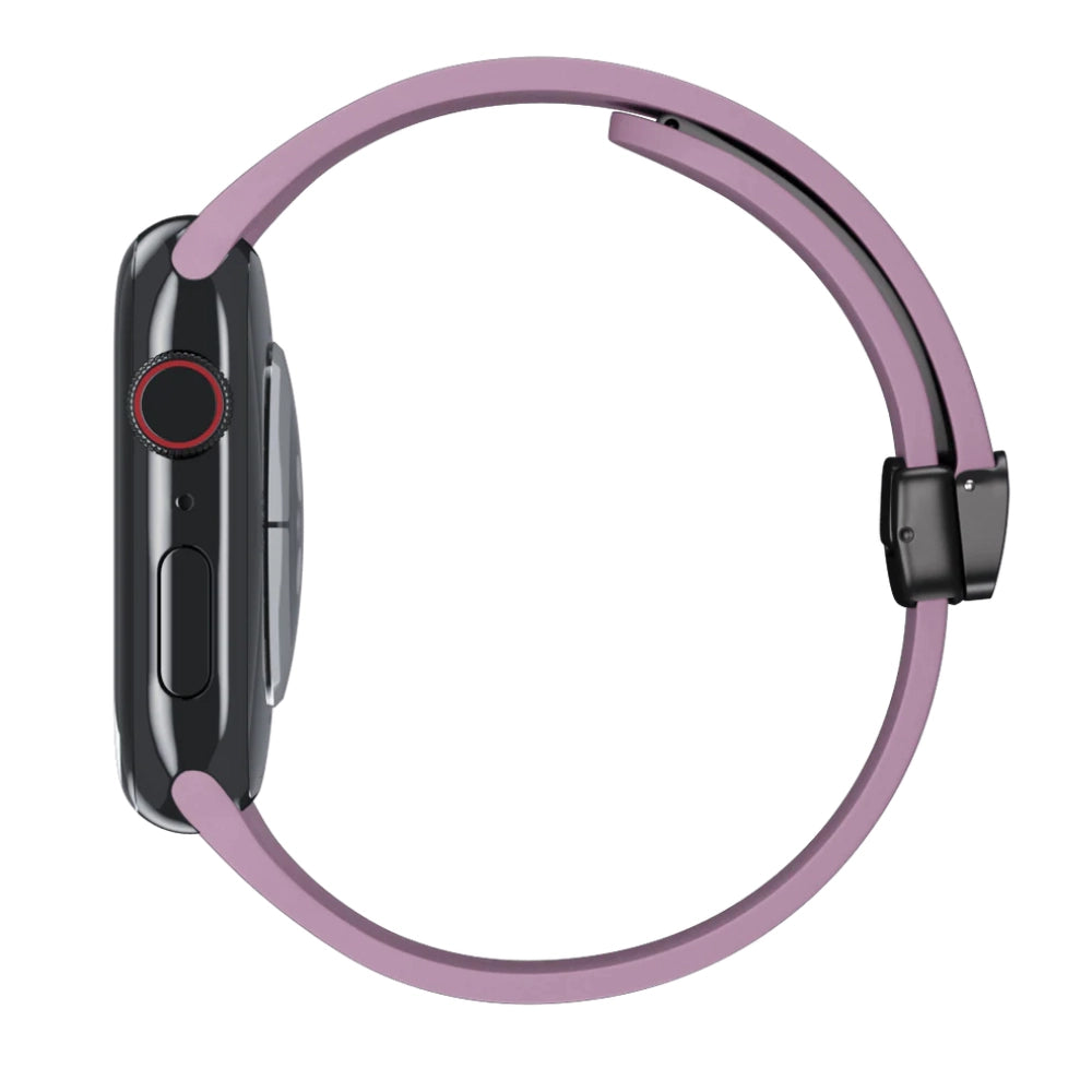 Cinturino Apple Watch in silicone viola con chiusura magnetica vista laterale
