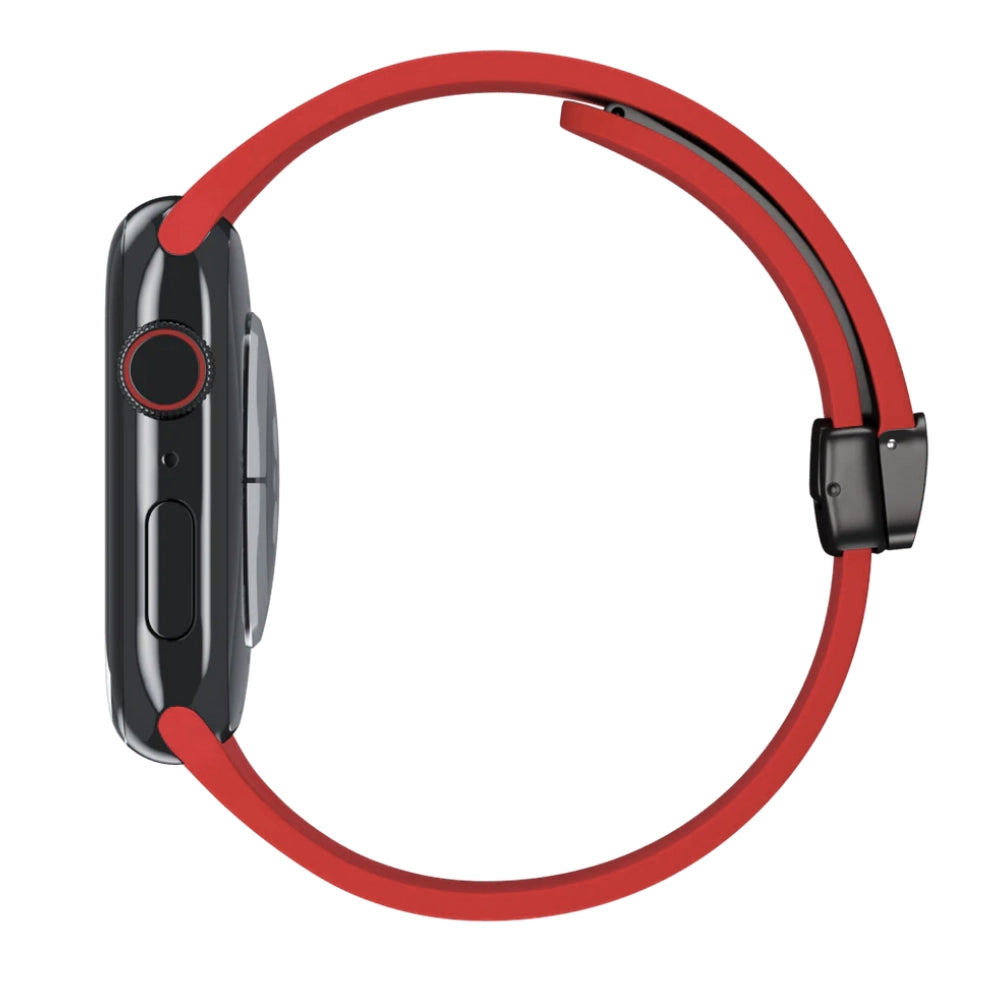 Cinturino Apple Watch in silicone rosso con chiusura magnetica vista laterale