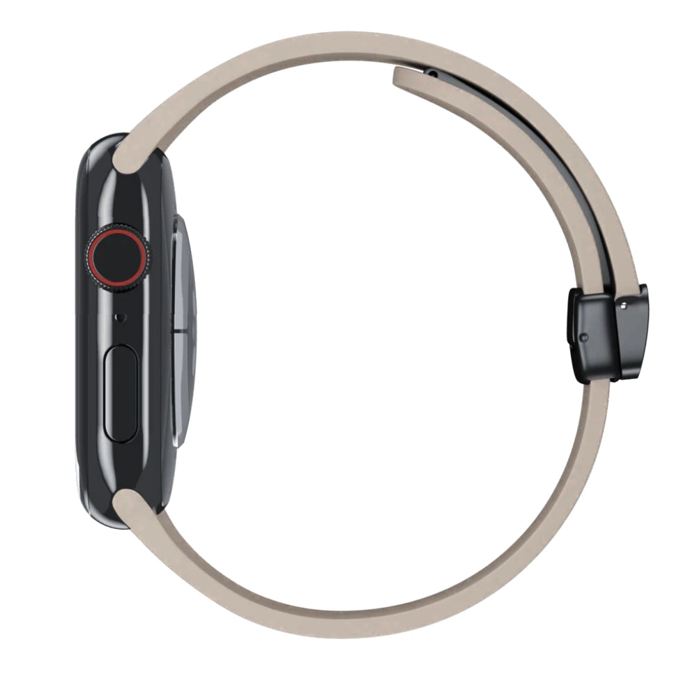 Cinturino Apple Watch in silicone color sabbia con chiusura magnetica vista laterale