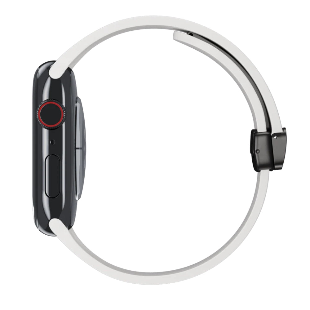 Cinturino Apple Watch in silicone bianco con chiusura magnetica vista laterale