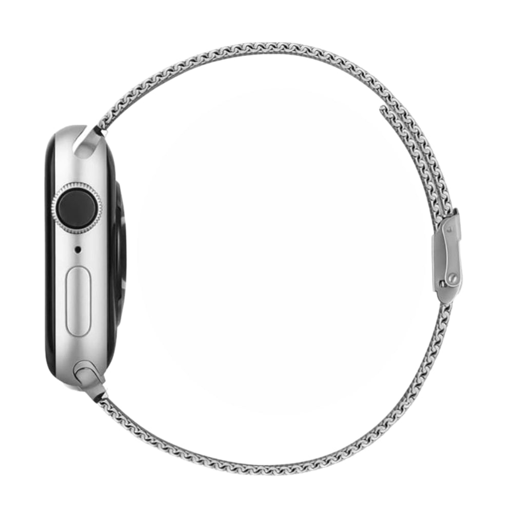 Cinturino Apple Watch in acciaio in maglia milanese con chiusura a fibbia laterale