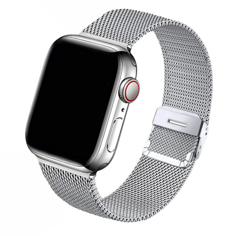 Cinturino Apple Watch in acciaio in maglia milanese con chiusura a fibbia