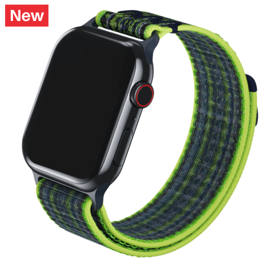 Cinturino Apple Watch in nylon con finitura resistente di colore verde fluo e blu