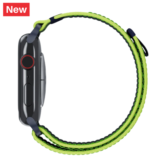 Cinturino Apple Watch in nylon con finitura resistente di colore verde fluo e blu laterale
