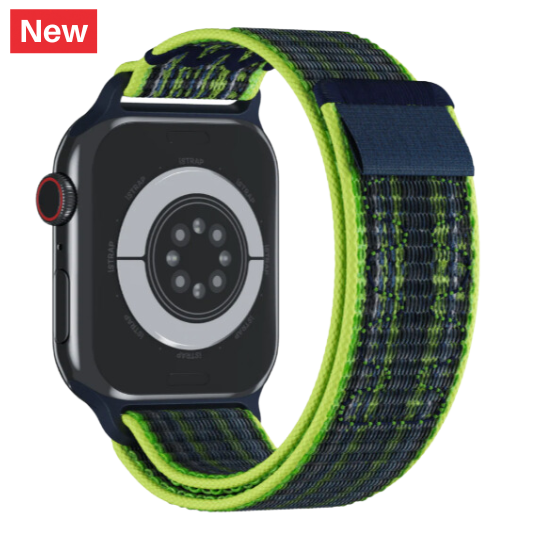 Cinturino Apple Watch in nylon con finitura resistente di colore verde fluo e blu visto da dietro