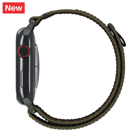 cinturino per apple watch in nylon robusto con finitura verde ed arancione laterale