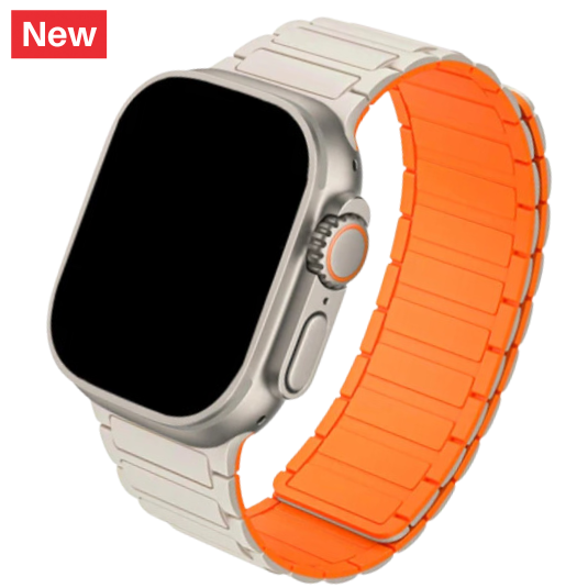 Cinturino Apple Watch in silicone beige con design acciaio bicolore beige e arancione