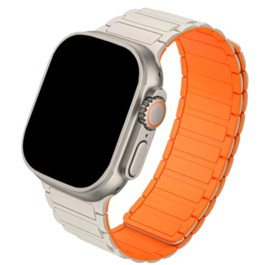 Cinturino Apple Watch in silicone beige con design acciaio bicolore beige e arancione