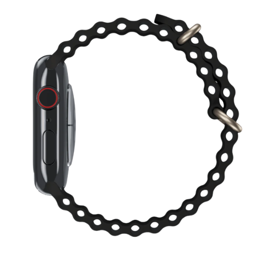 Cinturino Ocean nero per Apple Watch Ultra ed Apple Watch vista laterale