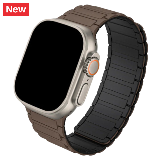 Cinturino Apple Watch in silicone marrone con design acciaio bicolore marrone e nero
