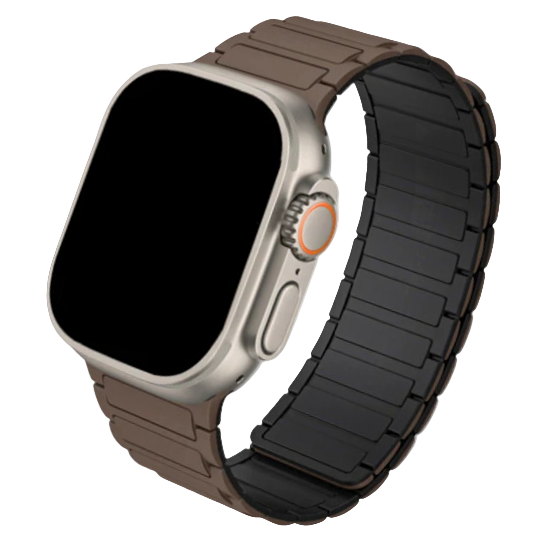 Cinturino Apple Watch in silicone marrone con design acciaio bicolore marrone e nero