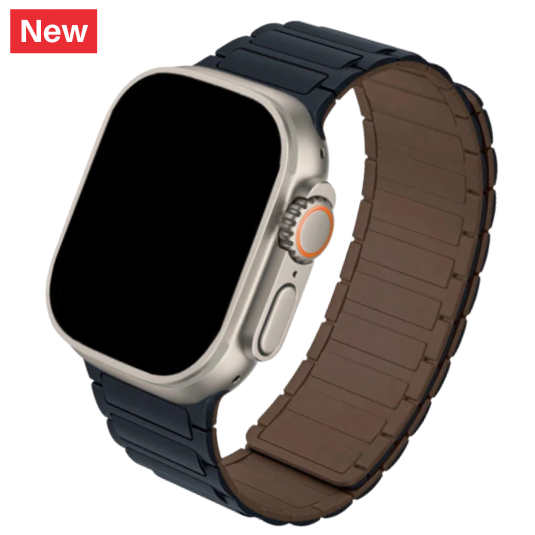 Cinturino Apple Watch in silicone blu notte con design acciaio bicolore blu e nero