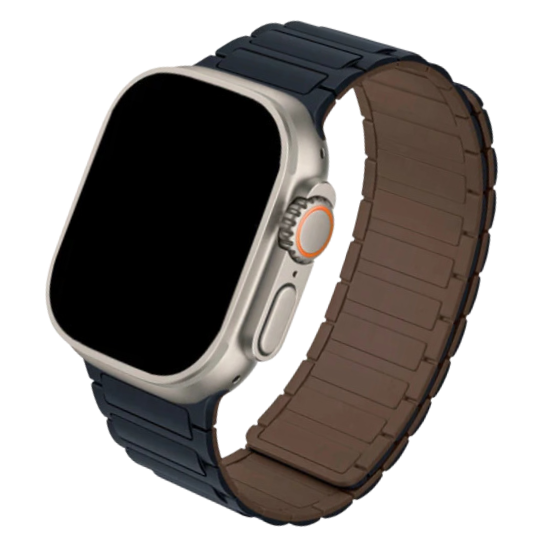 Cinturino Apple Watch in silicone blu notte con design acciaio bicolore blu e nero