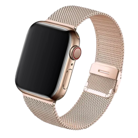 Cinturino Apple Watch in acciaio oro rosa in maglia milanese con chiusura a fibbia