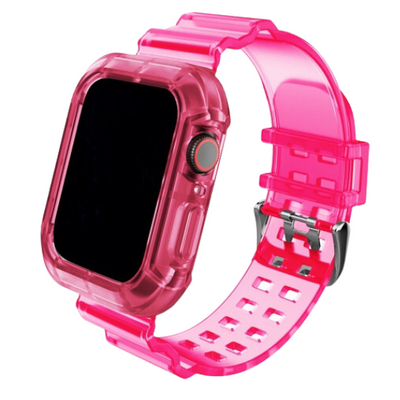 Cinturino Apple Watch in silicone trasparente rosa con case incorporato