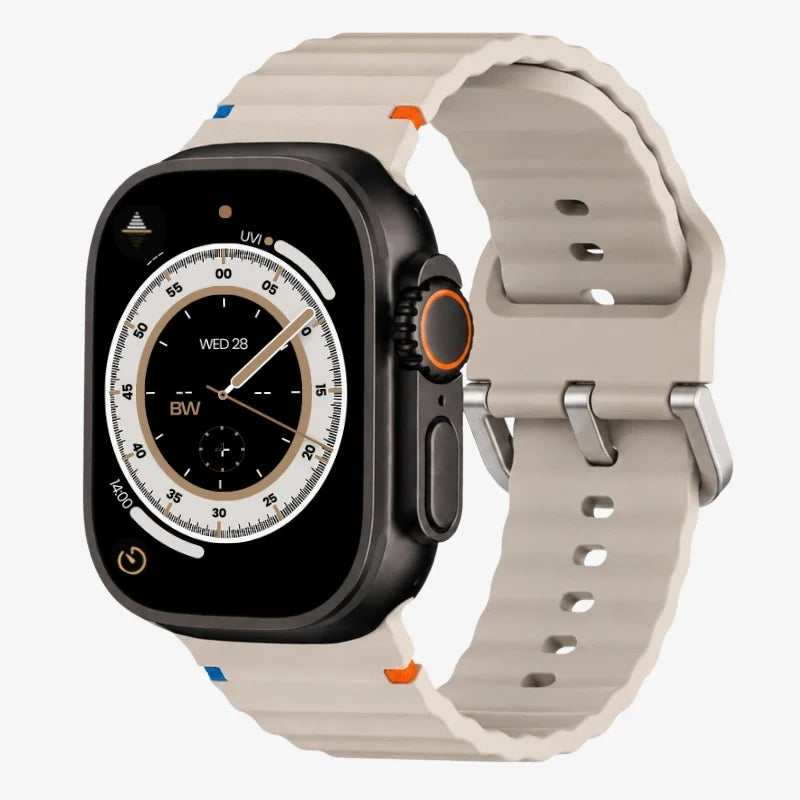 Cinturini Wave in silicone per Apple Watch, morbidi e resistenti, con design ondulato e fibbia in acciaio.