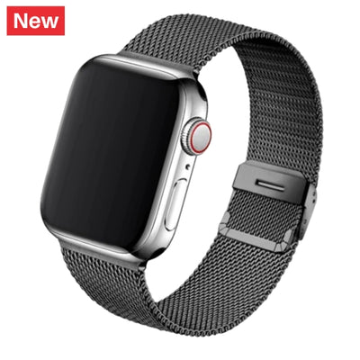 Cinturino Apple Watch in acciaio nero in maglia milanese con chiusura a fibbia