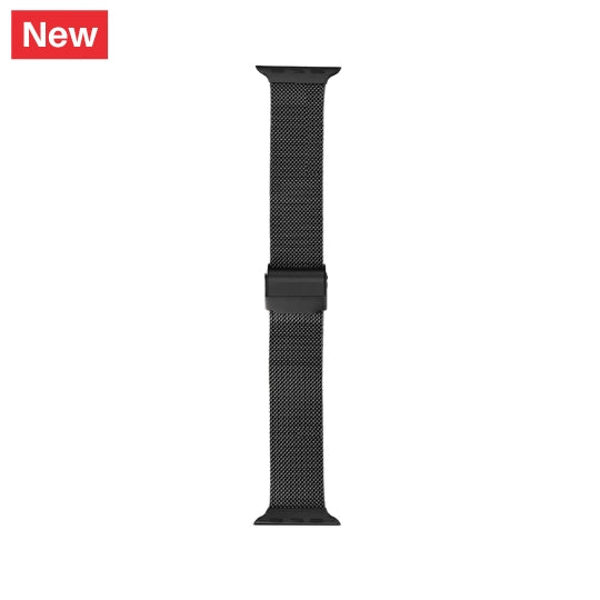 Cinturino Apple Watch in acciaio nero in maglia milanese con chiusura a fibbia dettaglio