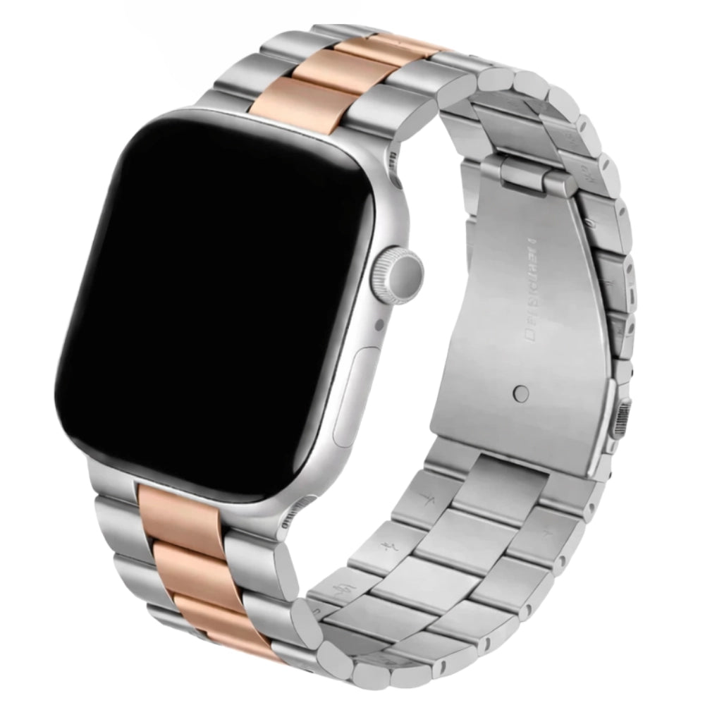 cinturino in acciaio inox per apple watch argento con fascia centrale oro rosa