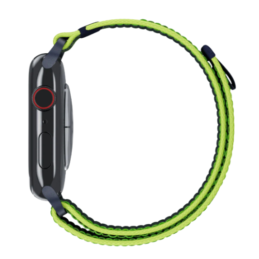 Cinturino Apple Watch in nylon con finitura resistente di colore verde fluo e blu laterale
