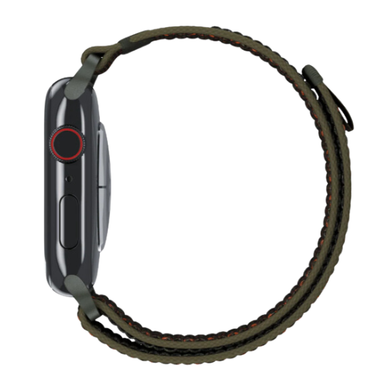 cinturino per apple watch in nylon robusto con finitura verde ed arancione laterale