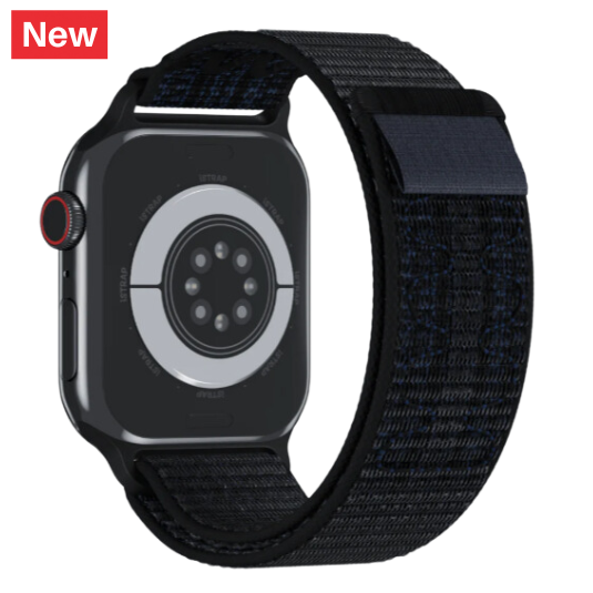 Cinturino Apple Watch in nylon con finitura resistente di colore nero e blu retro