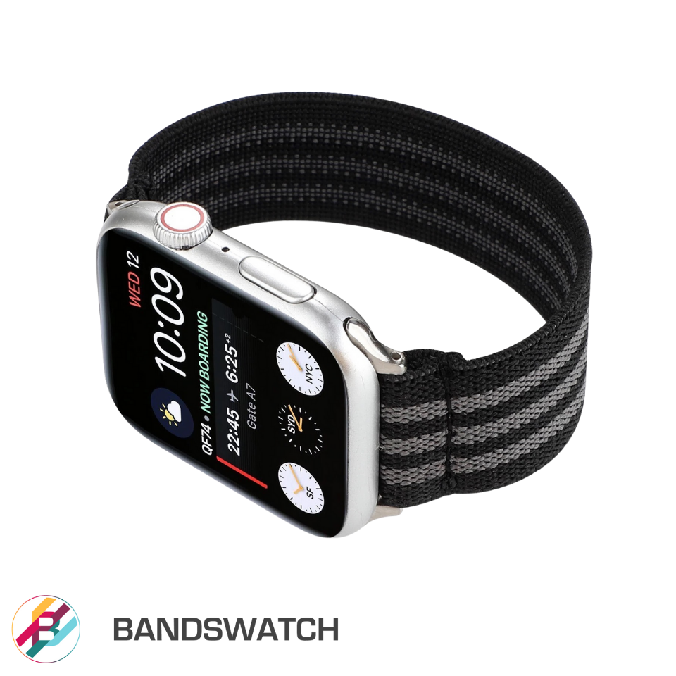 Cinturino Apple Watch in nylon elastico nero e grigio dettaglio 2