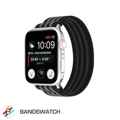 Cinturino Apple Watch in nylon elastico nero e grigio dettaglio
