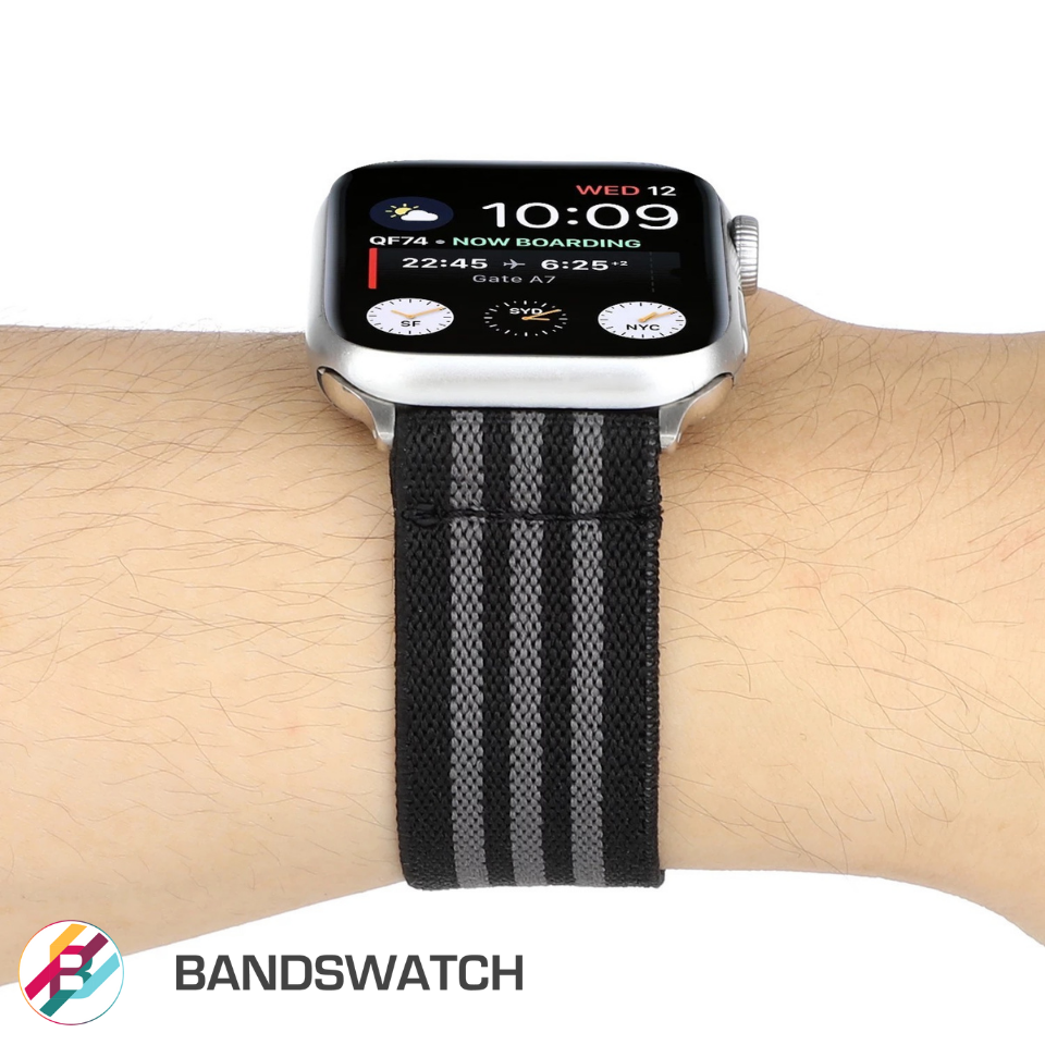 Cinturino Apple Watch in nylon elastico nero e grigio vista mano