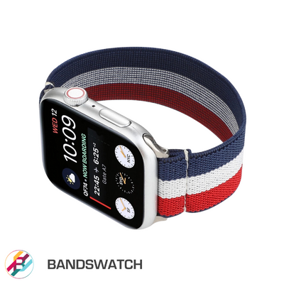 Cinturino Apple Watch in nylon elastico bianco rosso e blue dettaglio 2