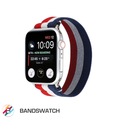 Cinturino Apple Watch in nylon elastico bianco rosso e blue dettaglio