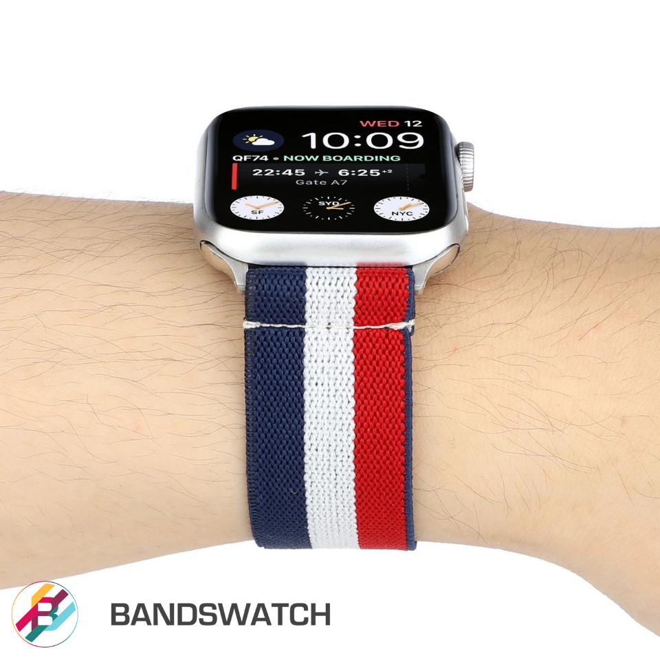 Cinturino Apple Watch in nylon elastico bianco rosso e blue vista mano