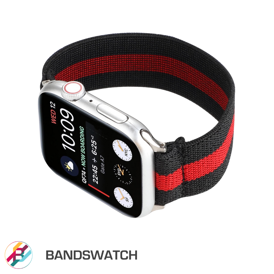 Cinturino Apple Watch in nylon elastico nero e rosso dettaglio 2