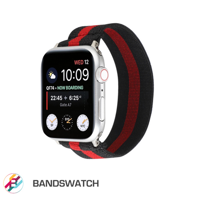 Cinturino Apple Watch in nylon elastico nero e rosso dettaglio