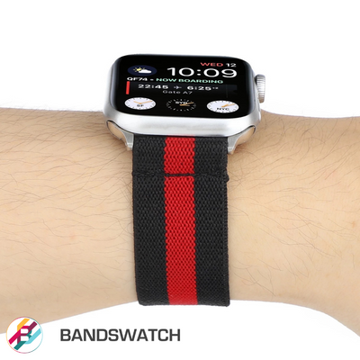 Cinturino Apple Watch in nylon elastico nero e rosso vista mano