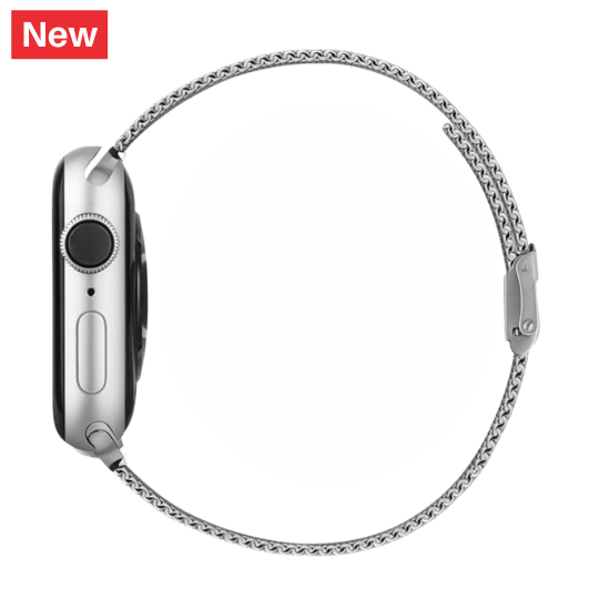 Cinturino Apple Watch in acciaio in maglia milanese con chiusura a fibbia laterale