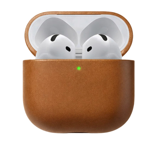 custodia airpods 4 in pelle pregiata colore cuoio vista frontale aperta