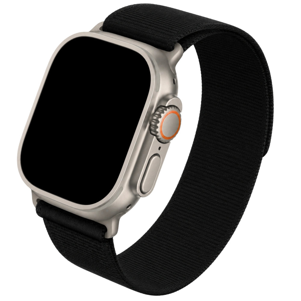 cinturino in nylon sportivo nero pieno con linguetta arancione compatibile con apple watch ultra