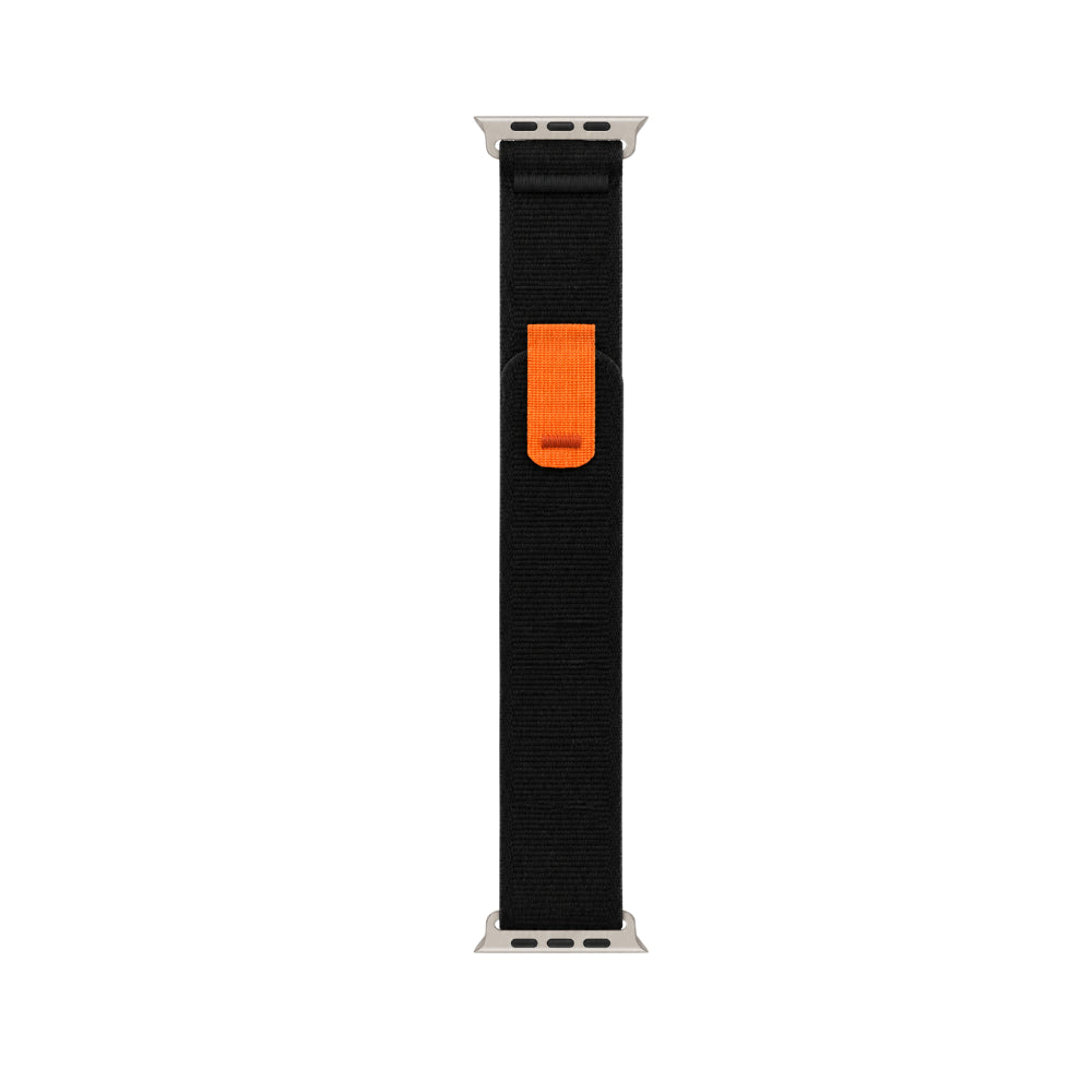 dettaglio cinturino in nylon sportivo nero pieno con linguetta arancione compatibile con apple watch ultra