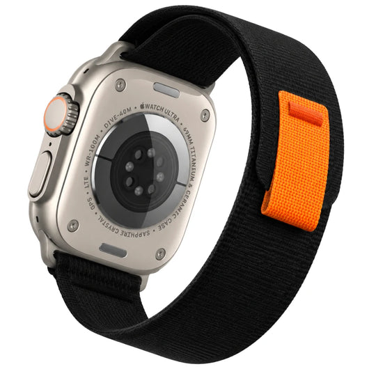 cinturino in nylon sportivo nero pieno con linguetta arancione compatibile con apple watch ultra vista interna